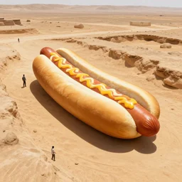 archeologists found a giant hotdog in an archeological site in the dessert, 8 k resolution, sharp focus, hyper detailed, overhead view