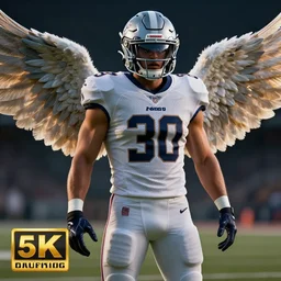 american football player with wings, photorealistic, cinematic still, 8 k, ultra detailed, 3 d render, unreal engine, trending on artstation