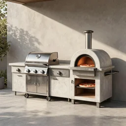 new concept for small outdoor kitchen design with grill and pizza oven, designer pencil sketch, HD resolution
