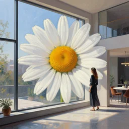 large daisy flower head, woman standing next to modern window in luxury loft, surreal photography, sunlight, impressionist painting, digital painting, artstation, simon stalenhag