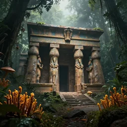 an ancient egyptian temple in the middle of a jungle cordyceps fungus, dictyophora cinnabarine, 1 6 k, cyathus striatus, photorealistic, cinematic composition, movie concept art, cinematic composition 8 k, intricate detail, high detail, hd, octane render, unreal engine, v - ray,, cinematic lighting, octane, volumetric lighting, dark moody lighting, atmosphere, mist, fog, matte painting, extreme long shot