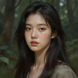 beautiful digital painting of a hoyeon jung stylish female forest with high detail, real life skin, freckles, 8 k, stunning detail, works by artgerm, greg rutkowski and alphonse mucha, unreal engine 5, 4 k uhd