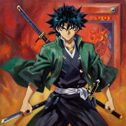 Trending on artstation, Ghost of Tsushima samurai  from Yu-Gi-Oh, in the style of Kazuki Takahashi, oil on canvas