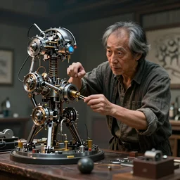 an intricate concept art of an old asian man testing his mechanical technology invention, unreal engine 5 render, artstation, cgsociety, photo - realistic, style of ivan talavera and artgerm, octane render, epic lighting