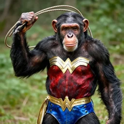 a Chimpanzee holding a lasso dressed as Wonder Woman photographed in the style of Annie Leibovitz, photorealistic