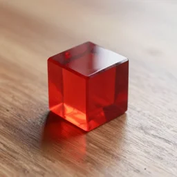 a translucent red cube on a wooden table, unreal engine 5, trending on artstation