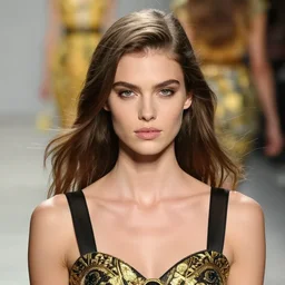 A beautiful portrait of Julia Stegner as a model at Versace fashion show Spring/Summer 2014, highly detailed, in the style of cinematic, fashionweek backstage,makeup by Pat Mcgrath, By greg rutkowski and thomas kinkade