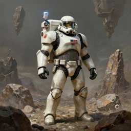 A space marine on dead world full of rocks, highly detailed, centered, digital painting, artstation, concept art, donato giancola, Joseph Christian Leyendecker, WLOP, Boris Vallejo, Breathtaking, 8k resolution, extremely detailed, beautiful, establishing shot, artistic