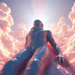 consciousness leaving a body, 3 d artwork by billelis, sharp focus, very detailed, maximalism, ambient occlusion, volumetric light, sun beam, hyper realism, futuristic and colorful shading, cinematic composition, artistic photography by herb ritts
