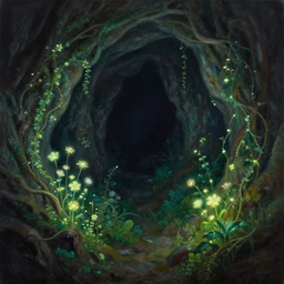 a beautiful painting of a very dark cave filled with glowing flowers and pretty vines, highly detailed, oil on canvas, moebius