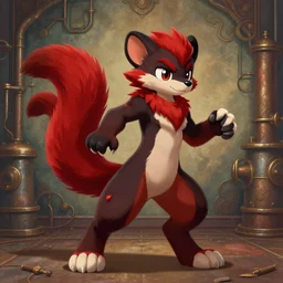a dashing weasel bandit furry fursona animal character { with tail }, red - and - black fur, mid - action pose on a painted elaborate industrial background by peder balke, this fursona has [ a tail! ]