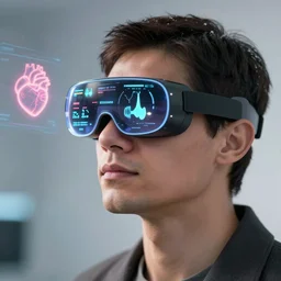 close-up of a person wearing an augmented reality head-mounted display that shows vital signs and health information, futuristic, neon, heart, virtual reality, realistic, very high quality