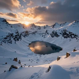 amazing snowy landscape photo of mountains with lake in sunset by marc adamus, beautiful dramatic lighting