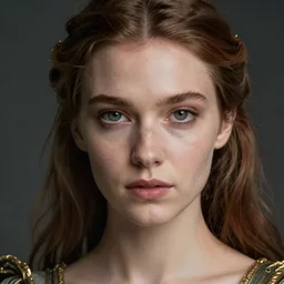 a realistic portrait closeup 5 0 mm studio photograph by mert alas of morgan le fay, a powerful and ambiguous enchantress of legend, gazing at the camera with an intelligent and thoughtful look.