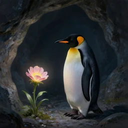 lonely penguin playing in a cave, abandoned by its friends, looking at a magical flower, cinematic lighting, dramatic atmosphere, sad, melancholic, 8k painting, trending artstation