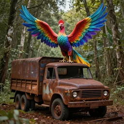 A colorful phoenix full of color on top of a rusty truck, in an abandoned forest, photo realistic, digital art
