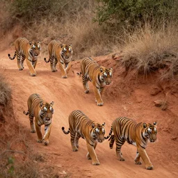 photo still of a pack of tiger chasing on a red clay dirt cliff, 8 k 8 5 mm f 1. 8