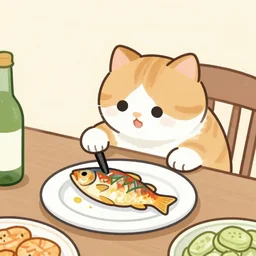 a cute painting of a cat stealing a cooked fish from a plate on a dinner table