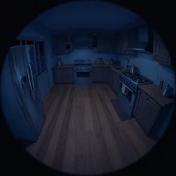 fisheye spiral lines, naive, extra narrow, detailed illustration of a midnight kitchen, large floor, dimly lit by rhads, trending artstation, wood texture, dark blue tones