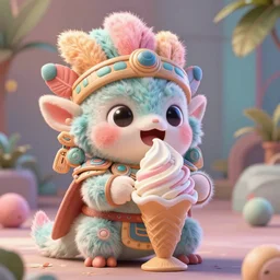 high quality 3 d render hyperrealist very cute pastel fluffy! aztec warrior & quetzalcoatl eating giant ice cream, vray smooth, in the style of watchmen, hannah yata, very dramatic light, low angle, uhd 8 k, shallow depth of field