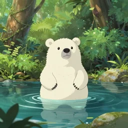 a white bear floating in a pond, surrounded by a lush jungle, sunny day, cell shaded, beautiful lighting, ghibli, pixar