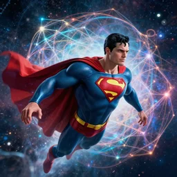 superman letting go of reality and experiencing the quantum feild, matte painting comic book art, cinematic, highly detailed, realistic, beautiful cosmic neural network, octane render, unreal engine, depth of field, trending on artstation, sharp focus, philosophical splashes of colors