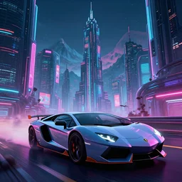 epic professional digital art of synthwave lamborghini driving through neon cyberpunk futuristic city towers, mountains in background, intricate, detailed, screen stil from the movie'fifth element'