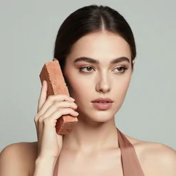 a studio close - up portrait of a beautiful fashion model holding a brick to her ear like a phone. surreal photograph, lo - fi, polished look, silly and serious, hermes ad, fashion photography, toiletpaper magazine by pierpaolo ferrari and maurizio cattelan, 3 5 mm photograph, colourful, by pierpaolo ferrari, maurizio cattelan, david lachapelle