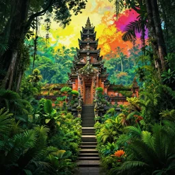 landscape jungle temple splash art graphic design color splash high contrasting art, fantasy, highly detailed, rule of thirds art by greg rutkowski