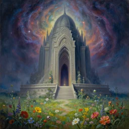 a beautiful painting of a large alien shrine shrouded by mystic nebula magic in a field of flowers by moebius and android jones, oil on canvas sharp, details, hyper - detailed, hd, hdr, 4 k, 8 k