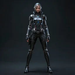 biomechanical cyberpunk female hacker, infinite detail, full shot, smooth, sharp focus, illustration, rembrandt lighting, dark mood, mysterious, concept art, unreal engine 5, 8 k, art by jayison devadas