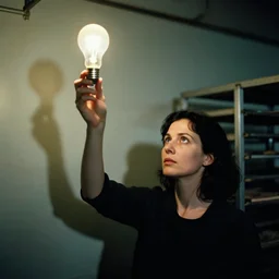 a woman holding a light bulb in the air. she has black hair and blue eyes. the environment is an industrial bakery. the shadows are oriented all towards the woman. style of edward hopper