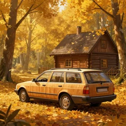 7 0's station wagon with wooden sides parked in an autumn forest near a cosy wooden house, golden leaves, golden hour. detailed digital art, behance, artstation, masterpiece,