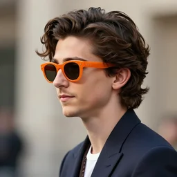 Timothee Chalamet wearing GUCCI, portait photo, profile picture, hyperrealistic, concept art, orange sunglasses, day time, octane render, unreal engine 5, digital art, high quality, highly detailed, 8K, cute, defined face, elegant clothes, trending on DeviantArt