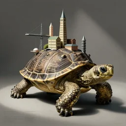giant turtle with structures and buildings on its back, by escher