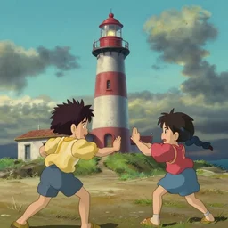 a film still kids fighting next to the light house, beach, farol da barra, medium shot, waist up, studio Ghibli, Pixar and Disney animation, sharp, Rendered in Unreal Engine 5, anime key art by Greg Rutkowski, Bloom, dramatic lighting