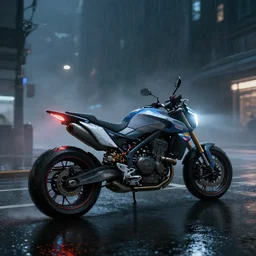 highly detailed, photo realistic, futuristic drz 4 0 0 s at night in the rain driving on a city street, dense fog, unreal engine, by greg rutowski, by stanley artgerm, by alphonse mucha