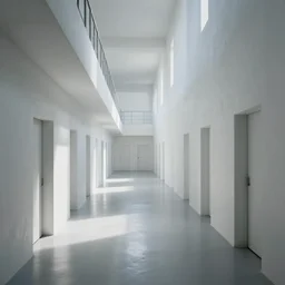 dystopian underground prison, white walls, shiny floors, minimalist, stunning, light and shadows, catwalks