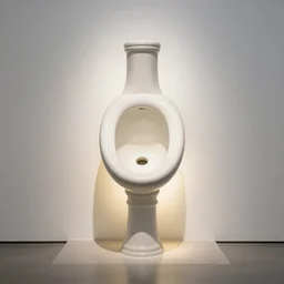 screenprint of an upsidedown fontaine urinal by marcel duchamp, minimal surrealism, contemporary art, museum installation, volumetric light
