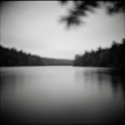 something strange happened on the lake, mystic, melancholy, pinhole analogue photo quality, lomography, blur, unfocus, cinematic, foil effect, holographic effect, monochrome