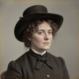 a late 1 9 th century, [ [ amused ] ], thirtysomethins years old, austro - hungarian woman ( with termed kyphosis, with wart, messy, brown hair, ( ( large black hat ) ), bun, looks like ( ( cate blanchett with a twinkle ) ) ), daguerreotype by emil rabending