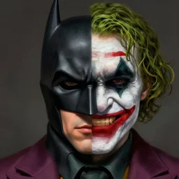 half batman mask half joker face, digital painting, amazing detail, artstation, cgsociety, photorealistic