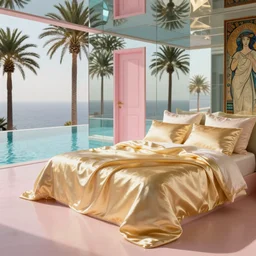 flowing silk sheets, indoor liminal space, golden light, greg rutkowski, palm trees, pink door, minimalistic, hyperrealistic surrealism, award winning masterpiece with incredible details, epic stunning, infinity pool mirrors, a surreal vaporwave liminal space with mirrors, highly detailed, trending on artstation, artgerm and greg rutkowski and alphonse mucha, daily deviation