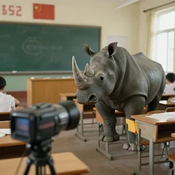 a rhinoceros in a stalinist style school classroom, by mini dv camera, very very low quality, heavy grain, very blurry, accidental flash, caught on trail cam
