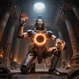 Vivec Robot, in a temple, with glowing hands, shiva, making art, solar eclipse, hyperrealistic, DAZ, unreal 5, fisheye, dynamic lighting, art by Greg Rutokowski