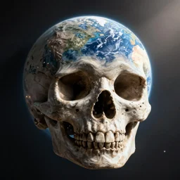 Skull shaped planet earth in the style of Mars Chris