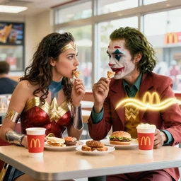 movie scene of joker and wonder woman eating breakfast in mcdonald's, worm lighting, sunny day, wonder woman ( 2 0 0 8 )