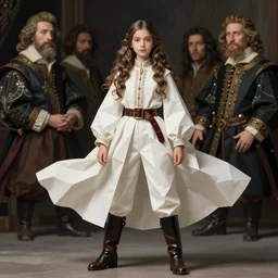 cloth, white fabric coat, jodhpurs high black or brown lether boots and belts, fashion retro, elegant long hair brunette young girl, fantasy traveler, geometrical low poly, dainty renaissance portrait by michael garmash, sargent, greg rutkowski, gaston bussiere, rhads, craig mullins
