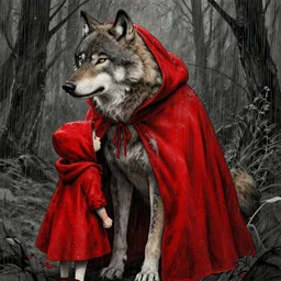 elderly wolf hunter little red riding hood in the rain, detailed intricate ink illustration, dark atmosphere, detailed illustration, hd, 4k, digital art, overdetailed art, concept art, by greg rutkowski, by loish, complementing colors, Trending on artstation, deviantart