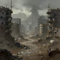 cybernetic dystopia, city of sludge, polluted ghetto, sharp focus, smooth, digital painting, by greg rutkowski, by bruce pennington